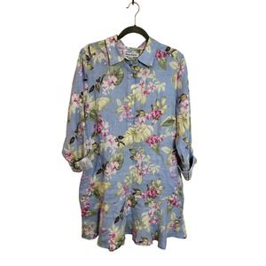 Tommy Bahama Coastline Orchid Dreams Flounce Linen Shirt Dress Size M Blue Pink